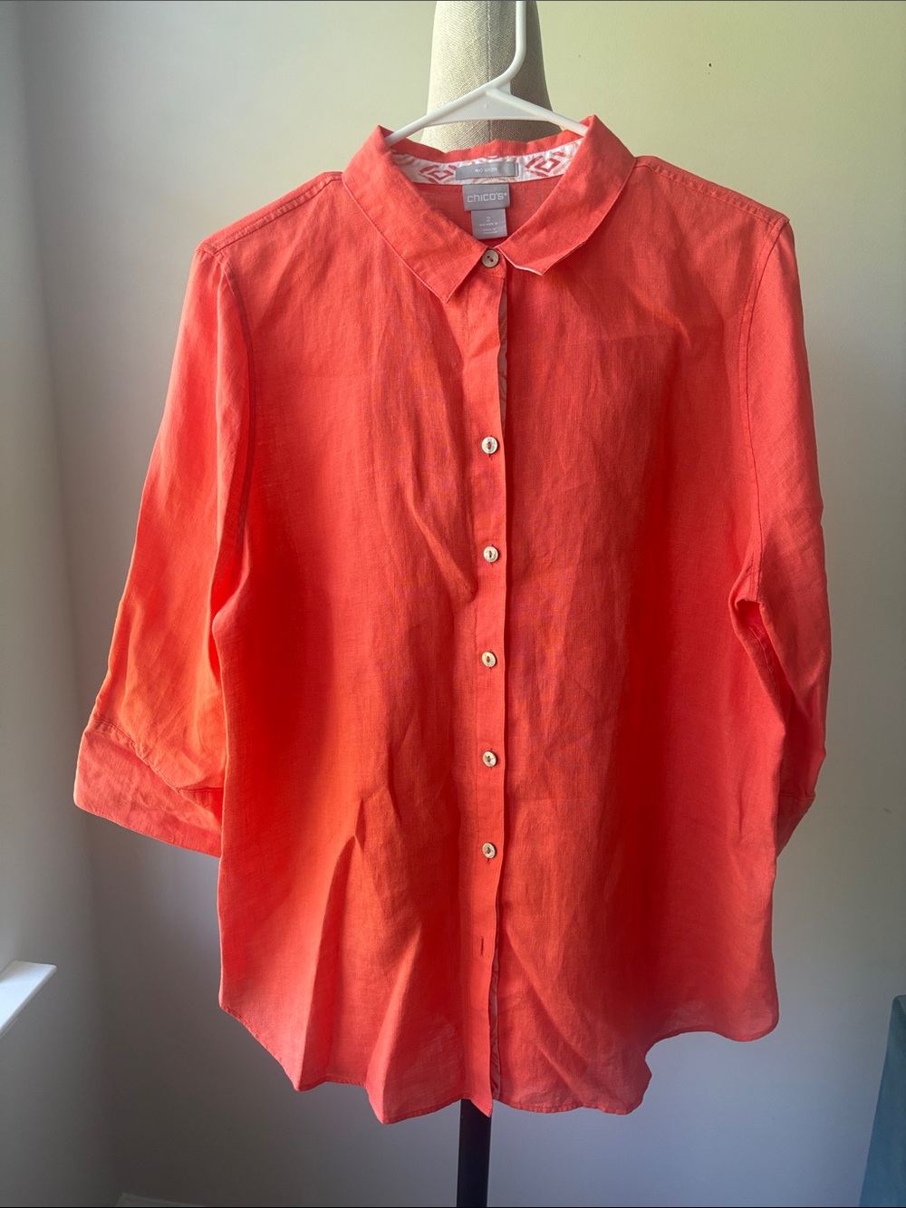 Chico's Blouse Top Womens Size 12 Coral Button-Front Linen 3/4 Sleeve Collared